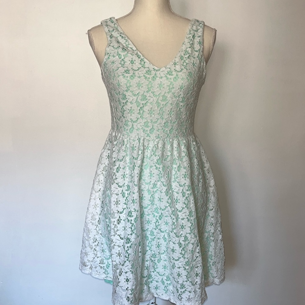 Lush White and Mint Lace Fit-and-Flare Mini Dress